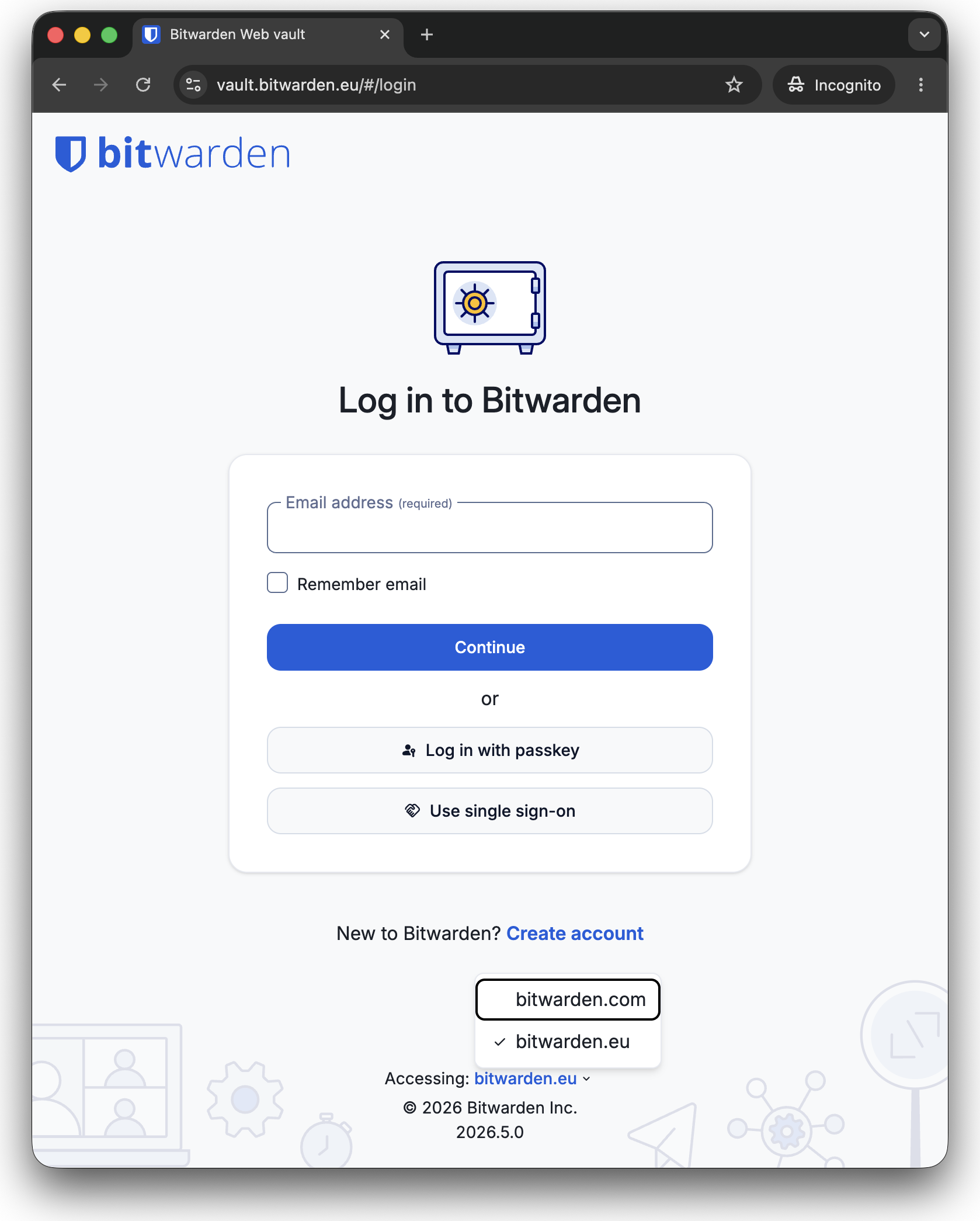 Bitwarden-Anmeldeseite mit Auswahl der Datenregion: bitwarden.com für die USA oder bitwarden.eu für die EU