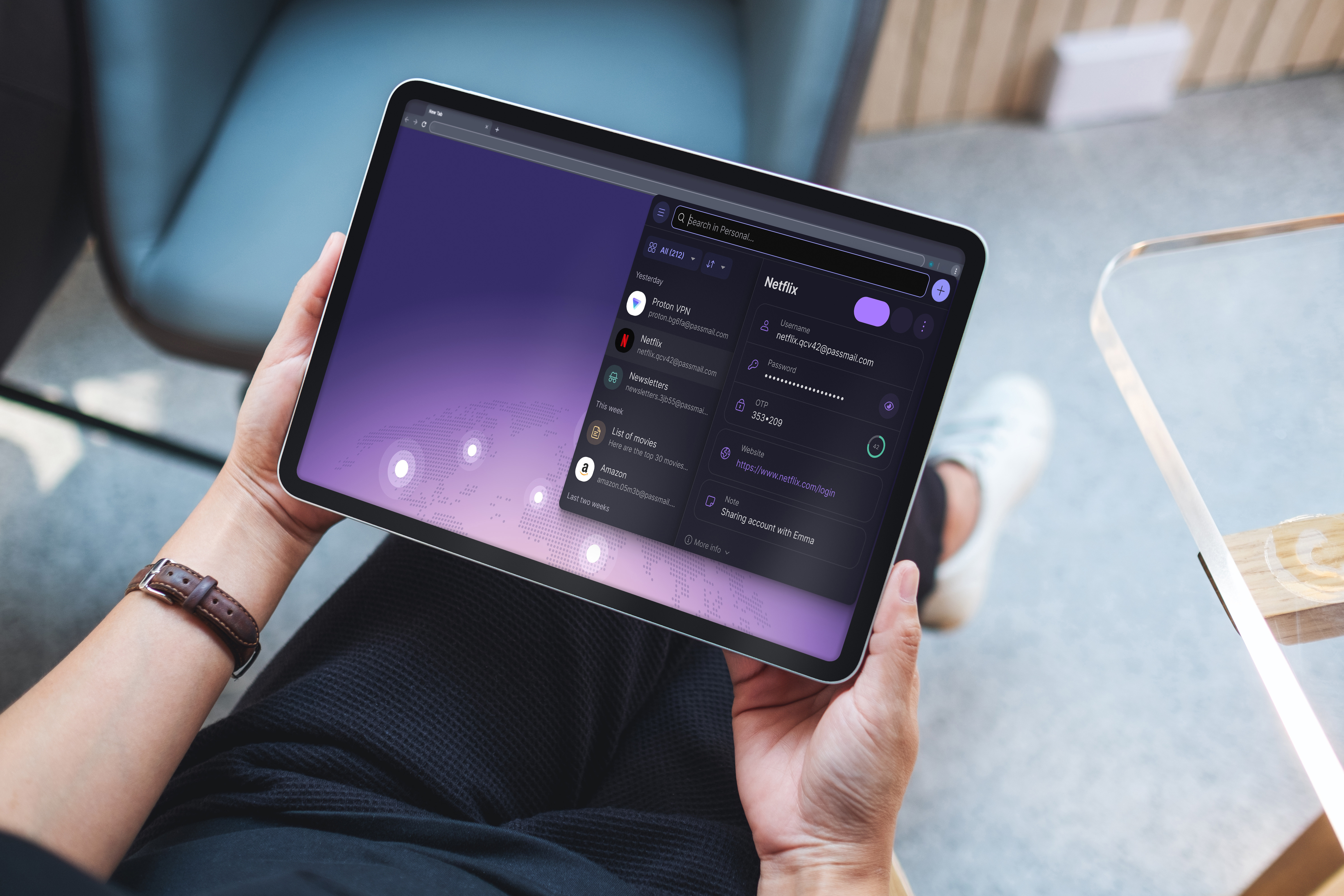 Proton Pass vault open on a tablet