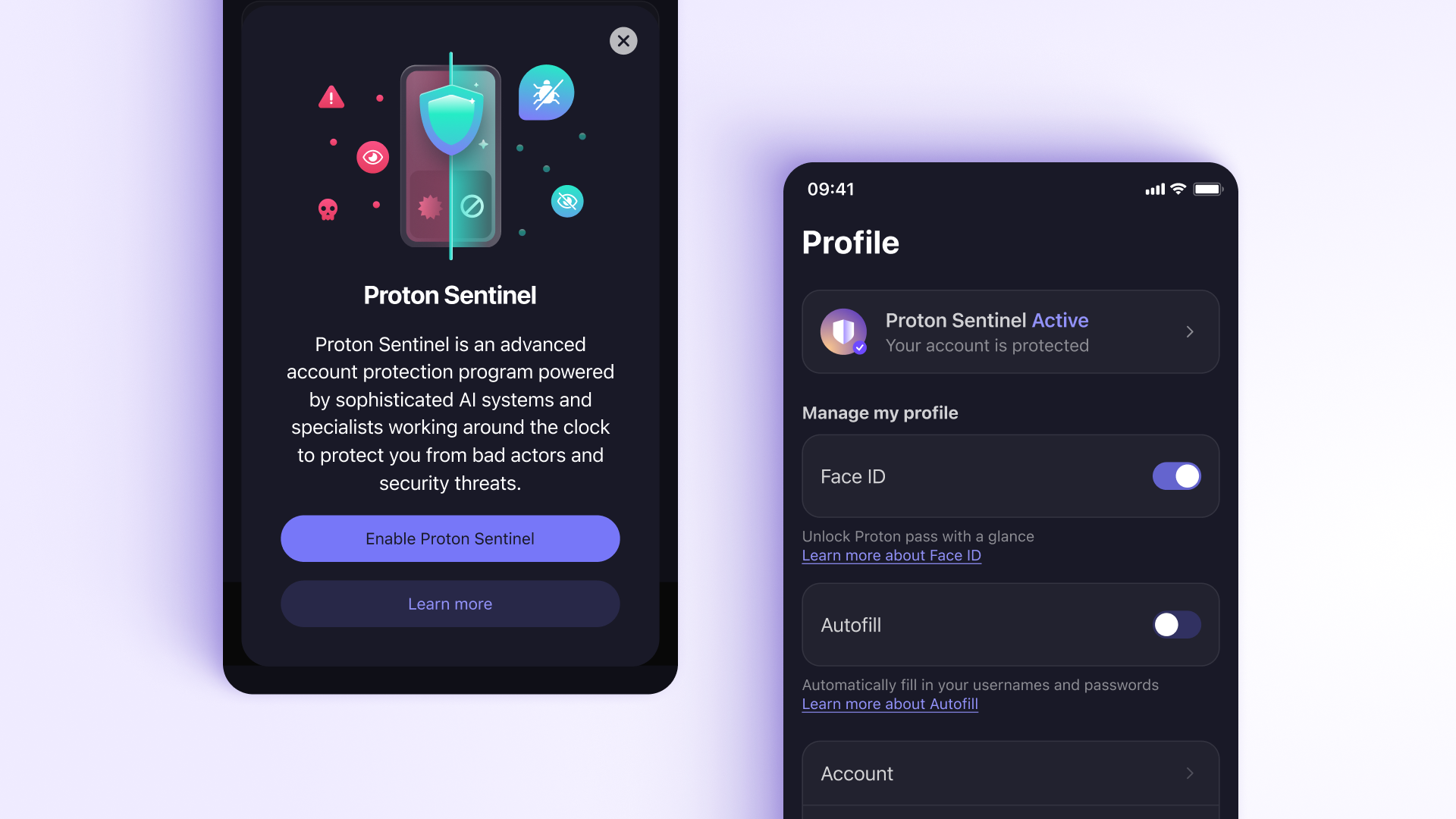 Proton Pass Sentinel dashboard showing login history, suspicious login alerts, and dark web breach monitoring